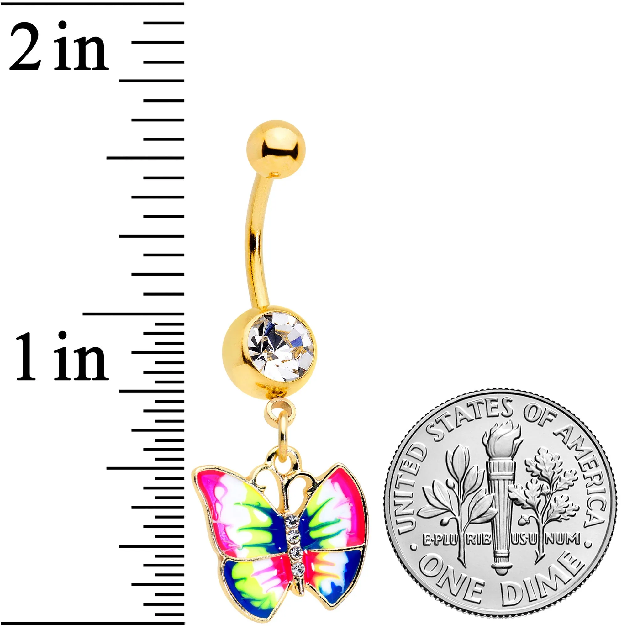 Clear Gem Gold Tone Bright Rainbow Butterfly Dangle Belly Ring