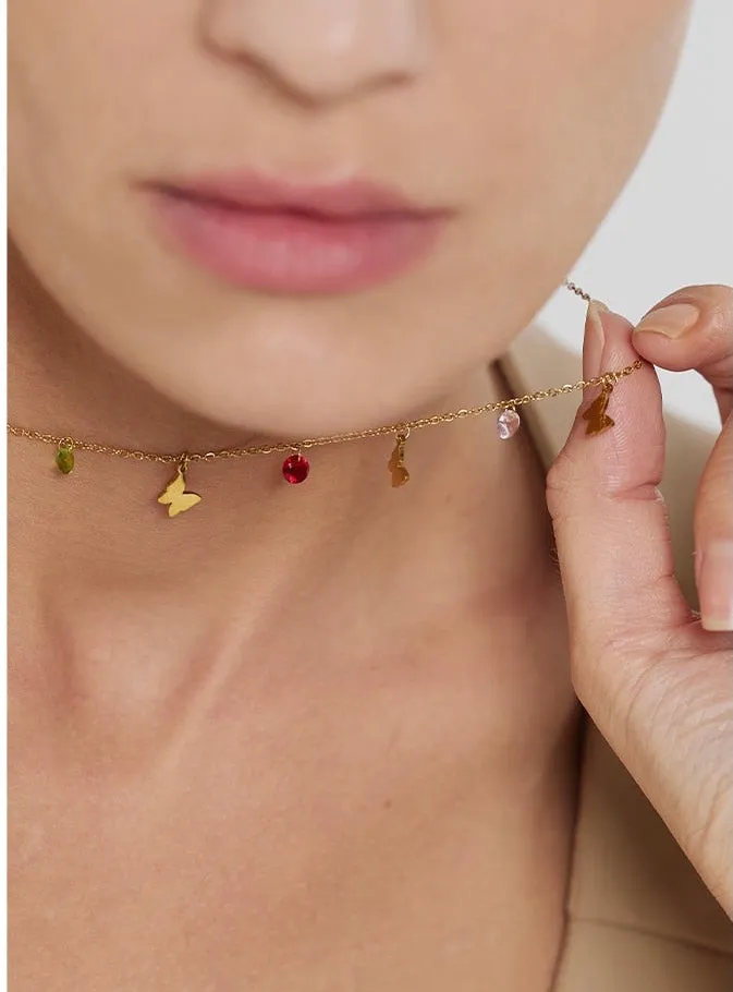 Dainty Butterfly and Colorful Crystals Necklace