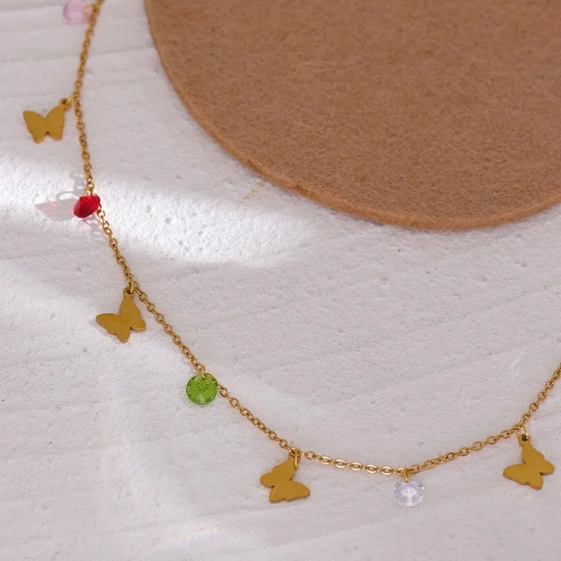Dainty Butterfly and Colorful Crystals Necklace