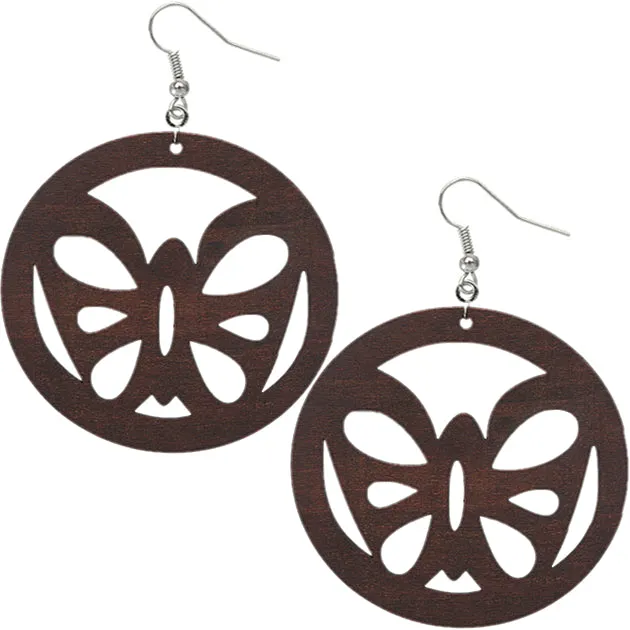 Dark Brown Round Large Wooden Butterfly Earrings