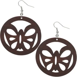 Dark Brown Round Large Wooden Butterfly Earrings