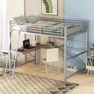 Full Size Loft Bed with Desk and Shelf Sturdy Metal Frame Safety for