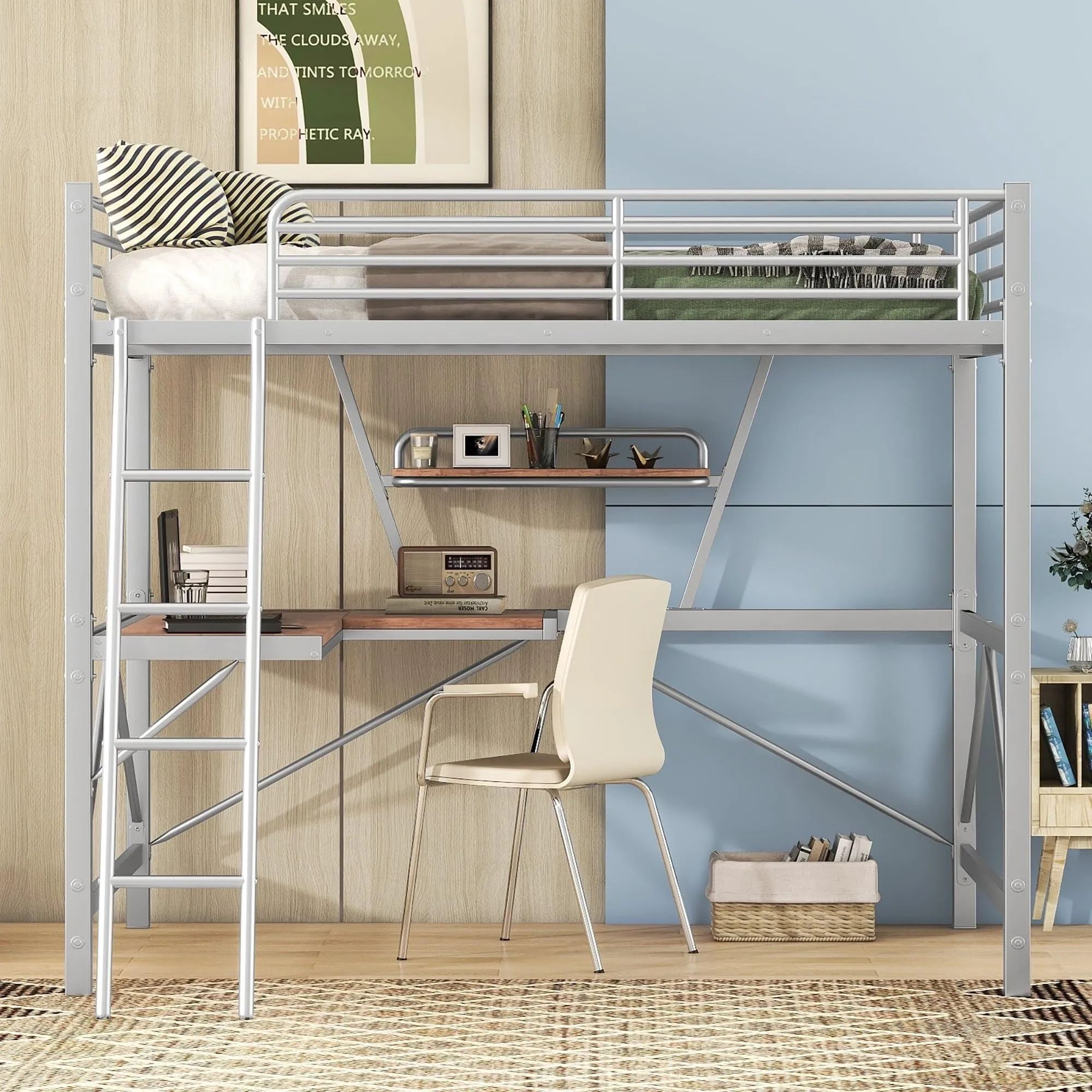 Full Size Loft Bed with Desk and Shelf Sturdy Metal Frame Safety for