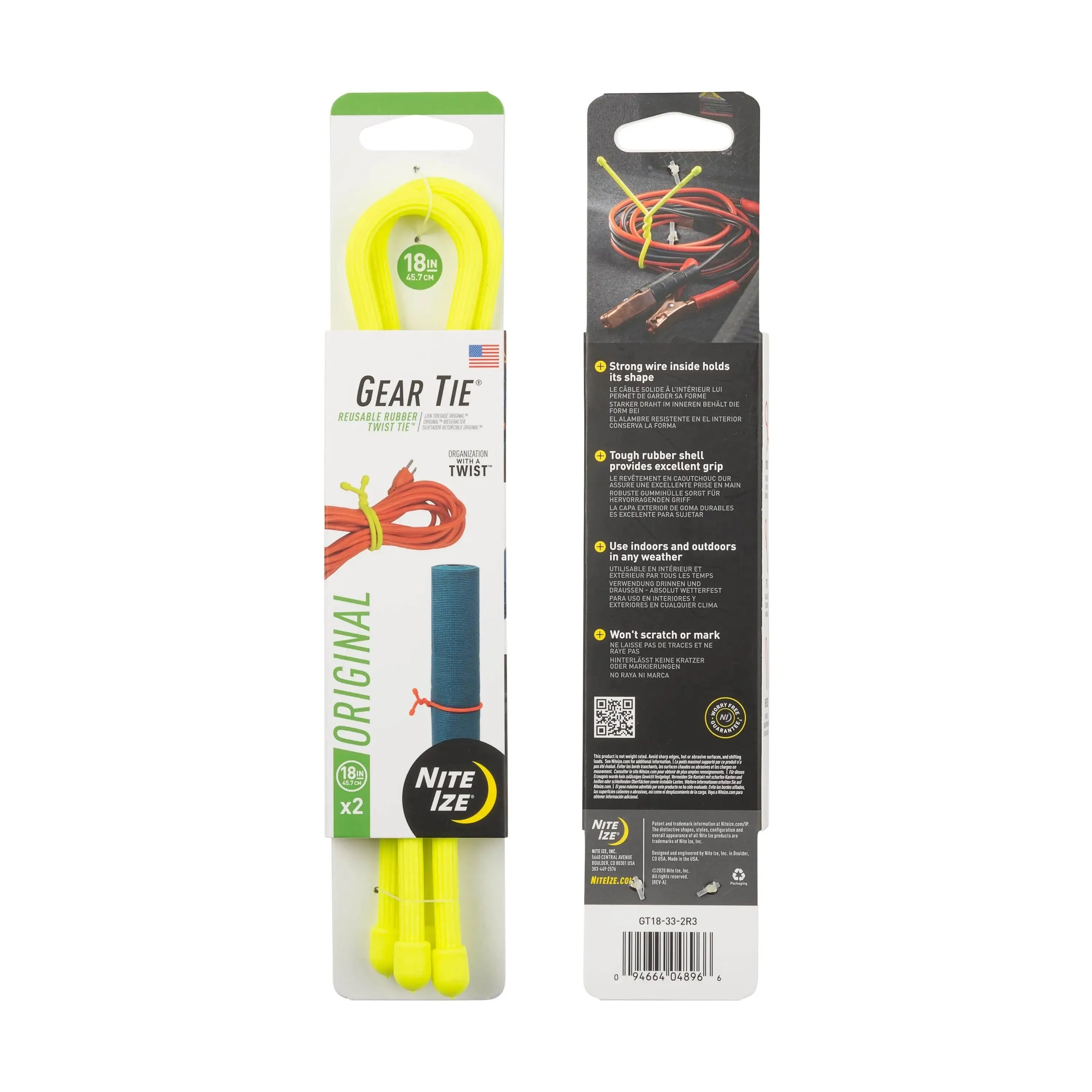 GEAR TIE REUSABLE RUBBER TWIST TIE(TM) (2pcs), Yellow NEON - length 18"