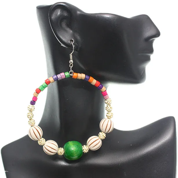 Green Wooden Beaded Coil Hoop Earrings