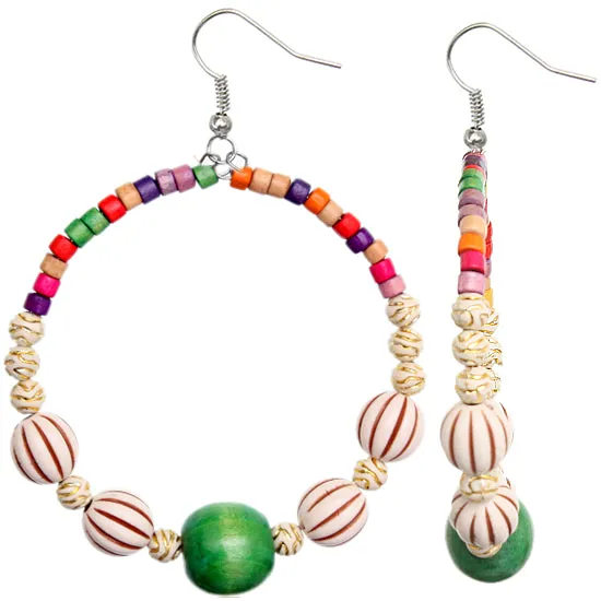 Green Wooden Beaded Coil Hoop Earrings