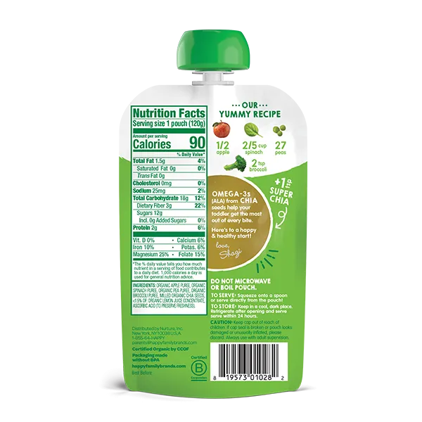 Happy Baby Happy Tot Super Foods - Organic Apple, Spinach, Peas & Broccoli   Super Chia 4.22oz/120g (2 PACK BUNDLE) Exp: 12/23
