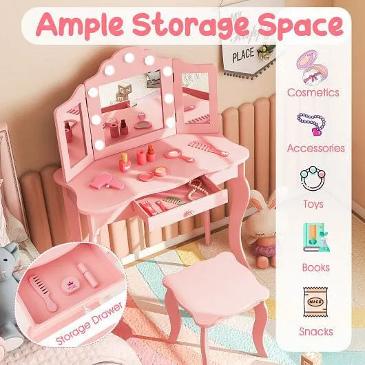 Kid Vanity Table Stool Set with Tri-Folding Mirror and 3-Color LED Lights-Pink -