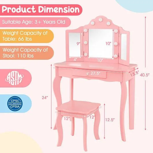 Kid Vanity Table Stool Set with Tri-Folding Mirror and 3-Color LED Lights-Pink -