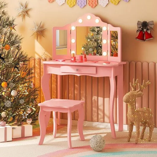 Kid Vanity Table Stool Set with Tri-Folding Mirror and 3-Color LED Lights-Pink -