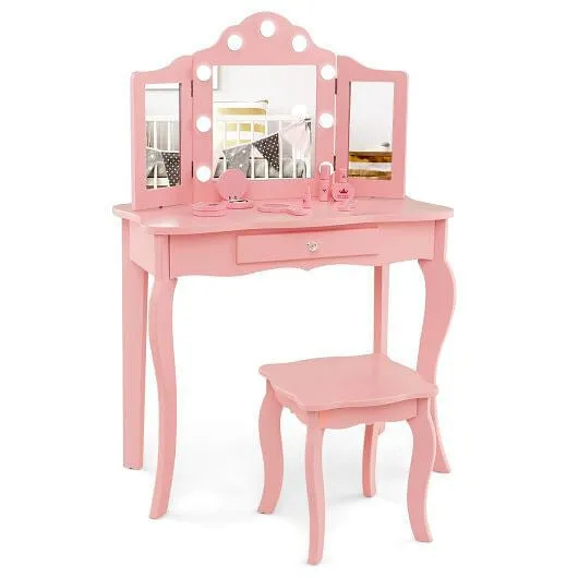 Kid Vanity Table Stool Set with Tri-Folding Mirror and 3-Color LED Lights-Pink -