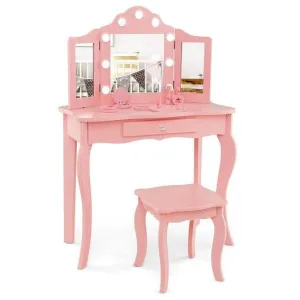 Kid Vanity Table Stool Set with Tri-Folding Mirror and 3-Color LED Lights-Pink -