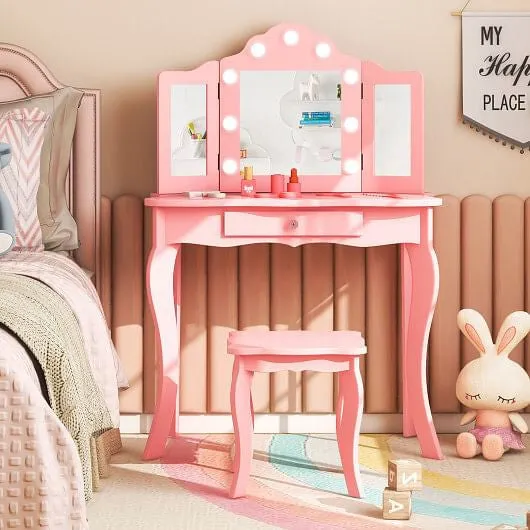 Kid Vanity Table Stool Set with Tri-Folding Mirror and 3-Color LED Lights-Pink -