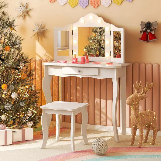 Kid Vanity Table Stool Set with Tri-Folding Mirror and 3-Color LED Lights-White