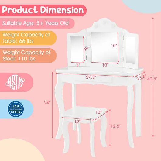 Kid Vanity Table Stool Set with Tri-Folding Mirror and 3-Color LED Lights-White