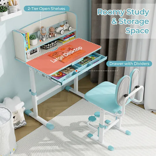 Kids Desk and Chair Set with Adjustable Height and Tilted Desktop-Blue - Color: