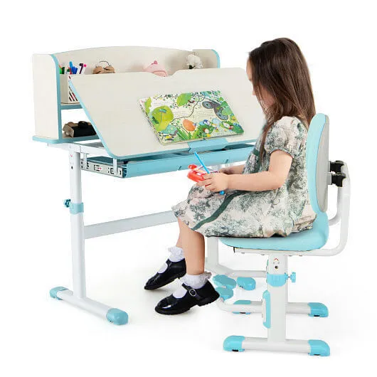Kids Desk and Chair Set with Adjustable Height and Tilted Desktop-Blue - Color: