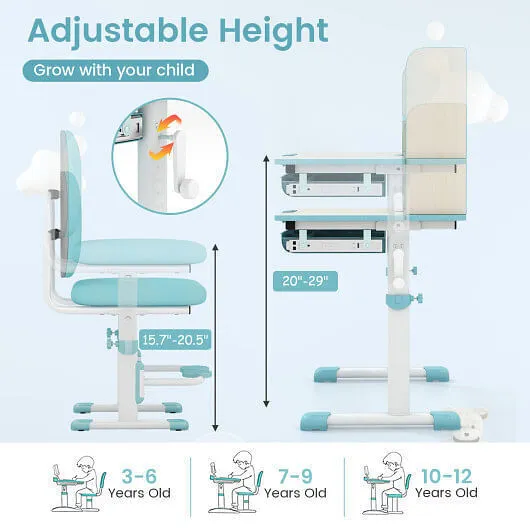 Kids Desk and Chair Set with Adjustable Height and Tilted Desktop-Blue - Color: