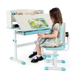 Kids Desk and Chair Set with Adjustable Height and Tilted Desktop-Blue - Color: