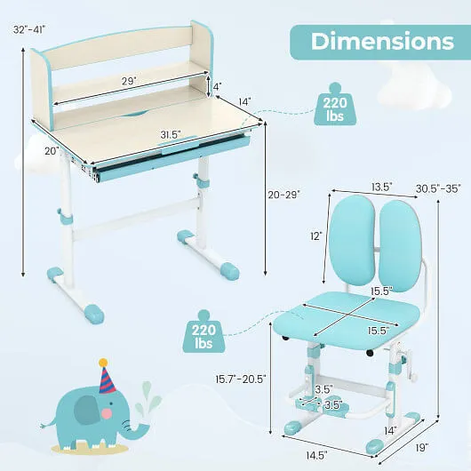 Kids Desk and Chair Set with Adjustable Height and Tilted Desktop-Blue - Color: