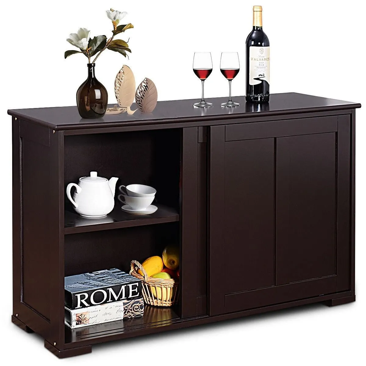 Kitchen Storage Cabinet with Wood Sliding Door-Brown - Color: Brown
