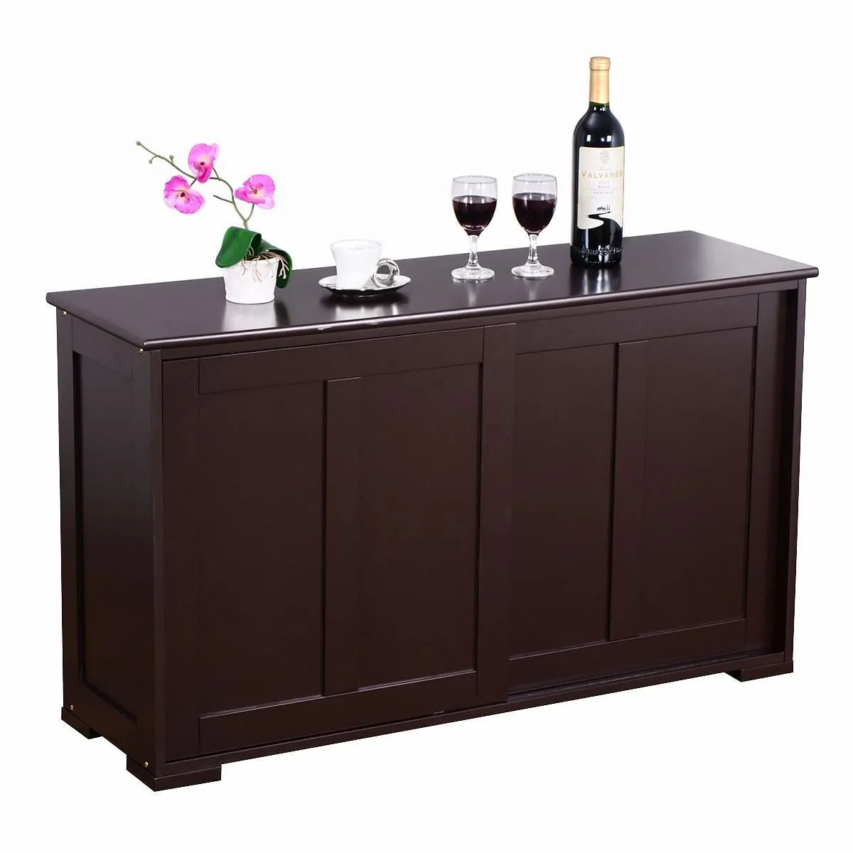 Kitchen Storage Cabinet with Wood Sliding Door-Brown - Color: Brown