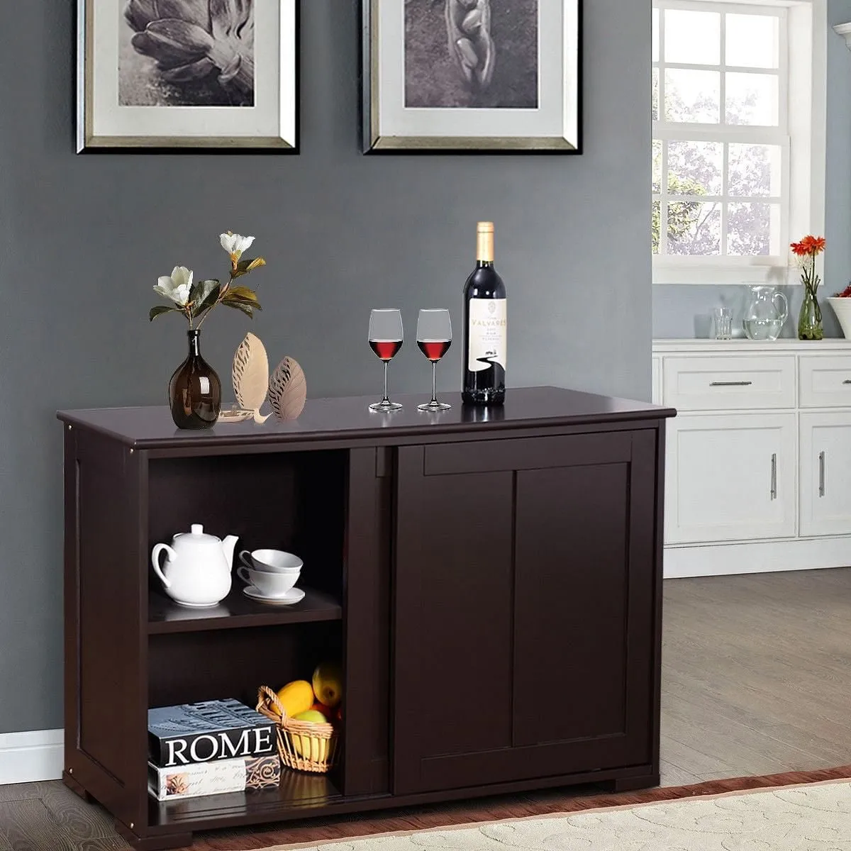 Kitchen Storage Cabinet with Wood Sliding Door-Brown - Color: Brown
