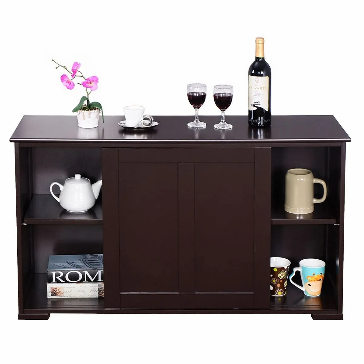 Kitchen Storage Cabinet with Wood Sliding Door-Brown - Color: Brown