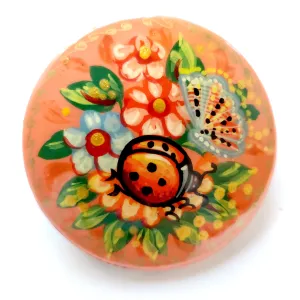 Ladybug and Butterfly on Flowers Russian Folk Brooch