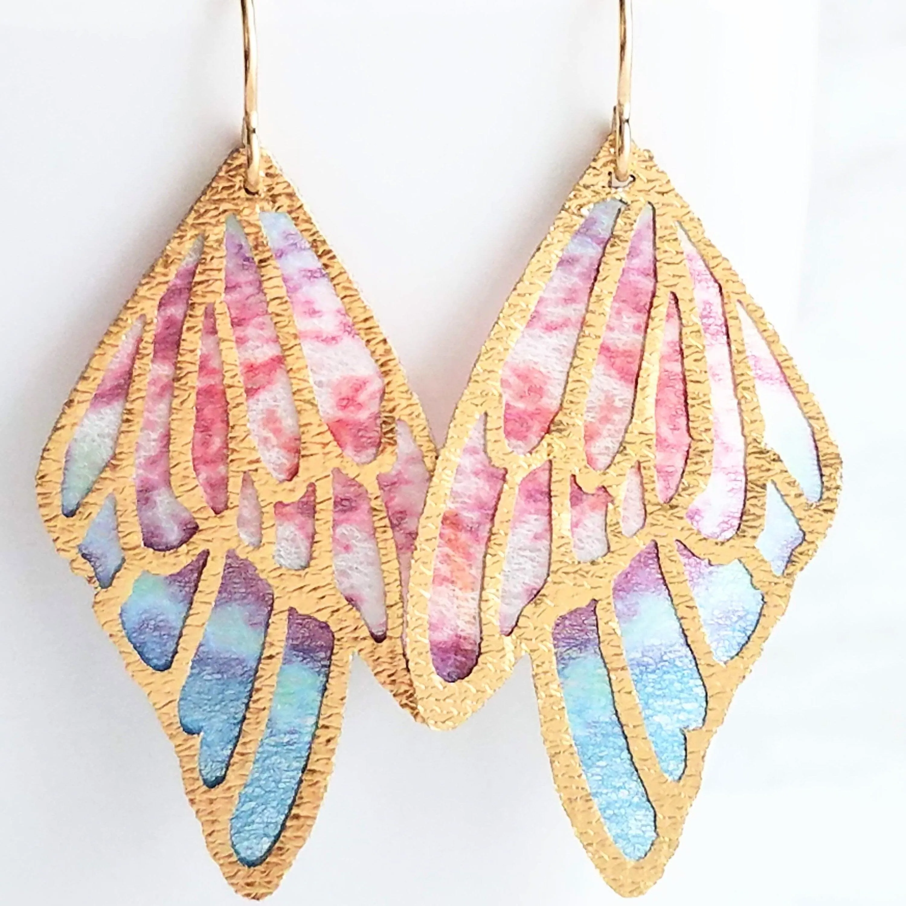 Large Wing Earrings, solid gold hooks, 14K gold fill hooks, sheer fabric earring, rainbow butterfly earring, angel wing, colorful wings