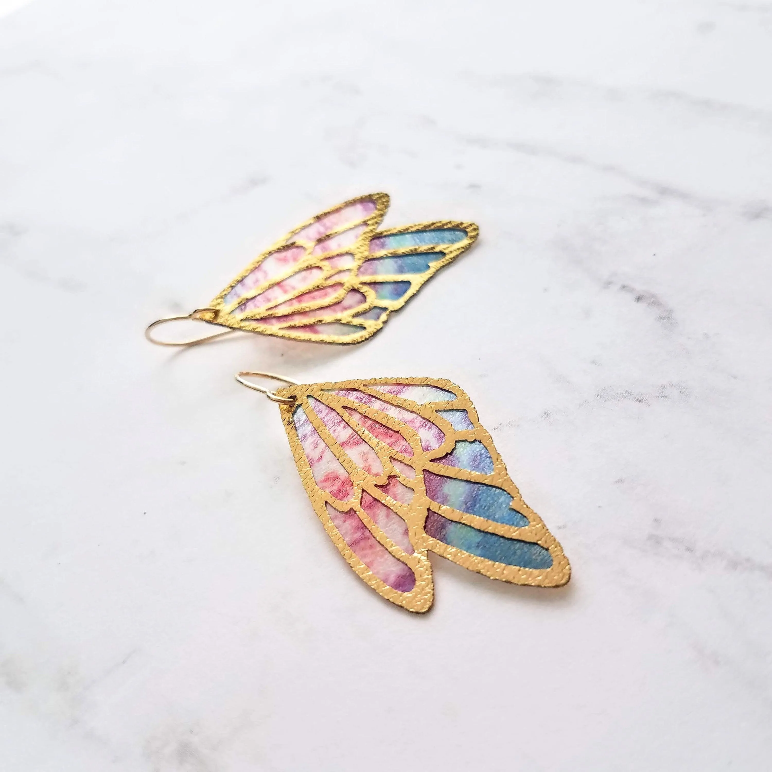 Large Wing Earrings, solid gold hooks, 14K gold fill hooks, sheer fabric earring, rainbow butterfly earring, angel wing, colorful wings