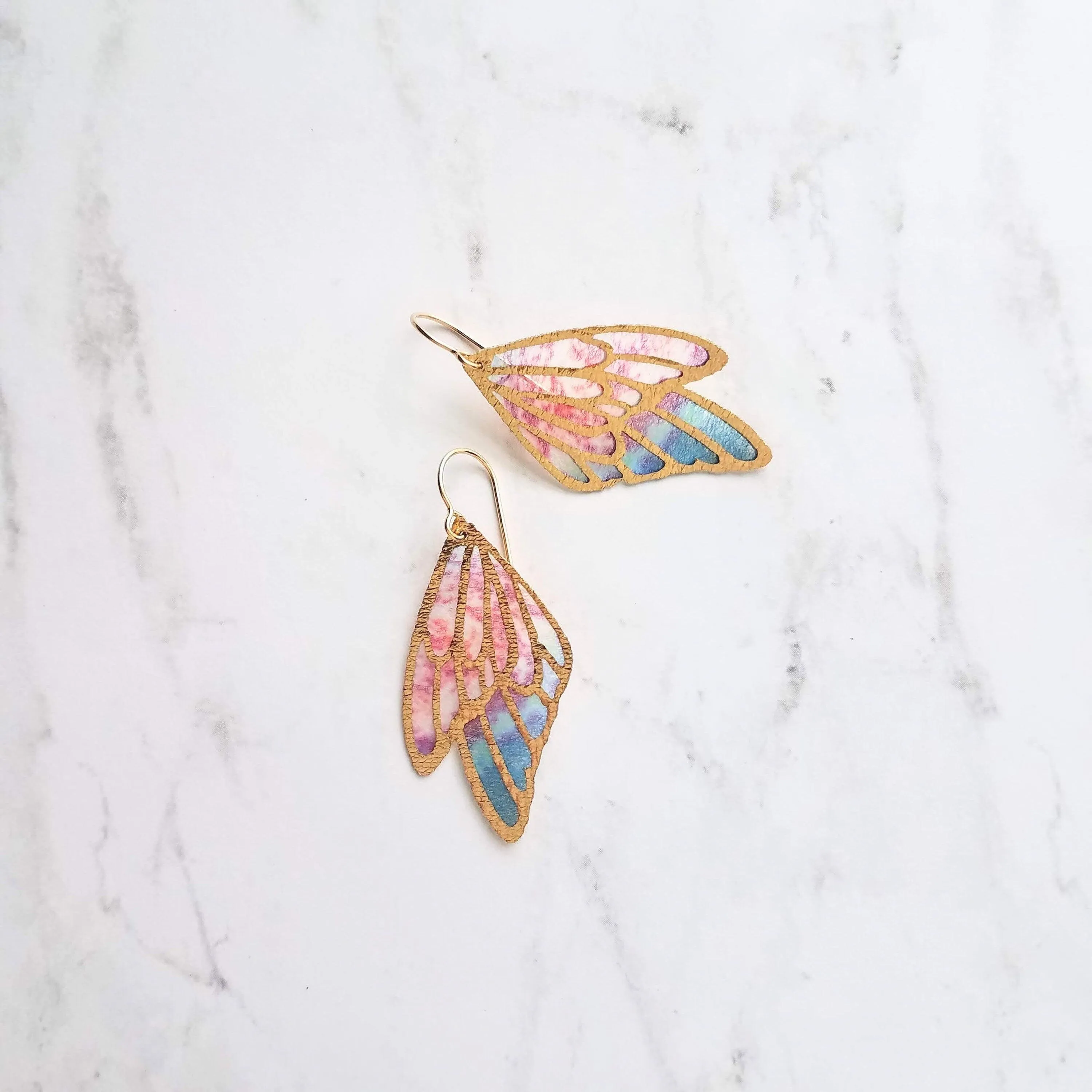 Large Wing Earrings, solid gold hooks, 14K gold fill hooks, sheer fabric earring, rainbow butterfly earring, angel wing, colorful wings