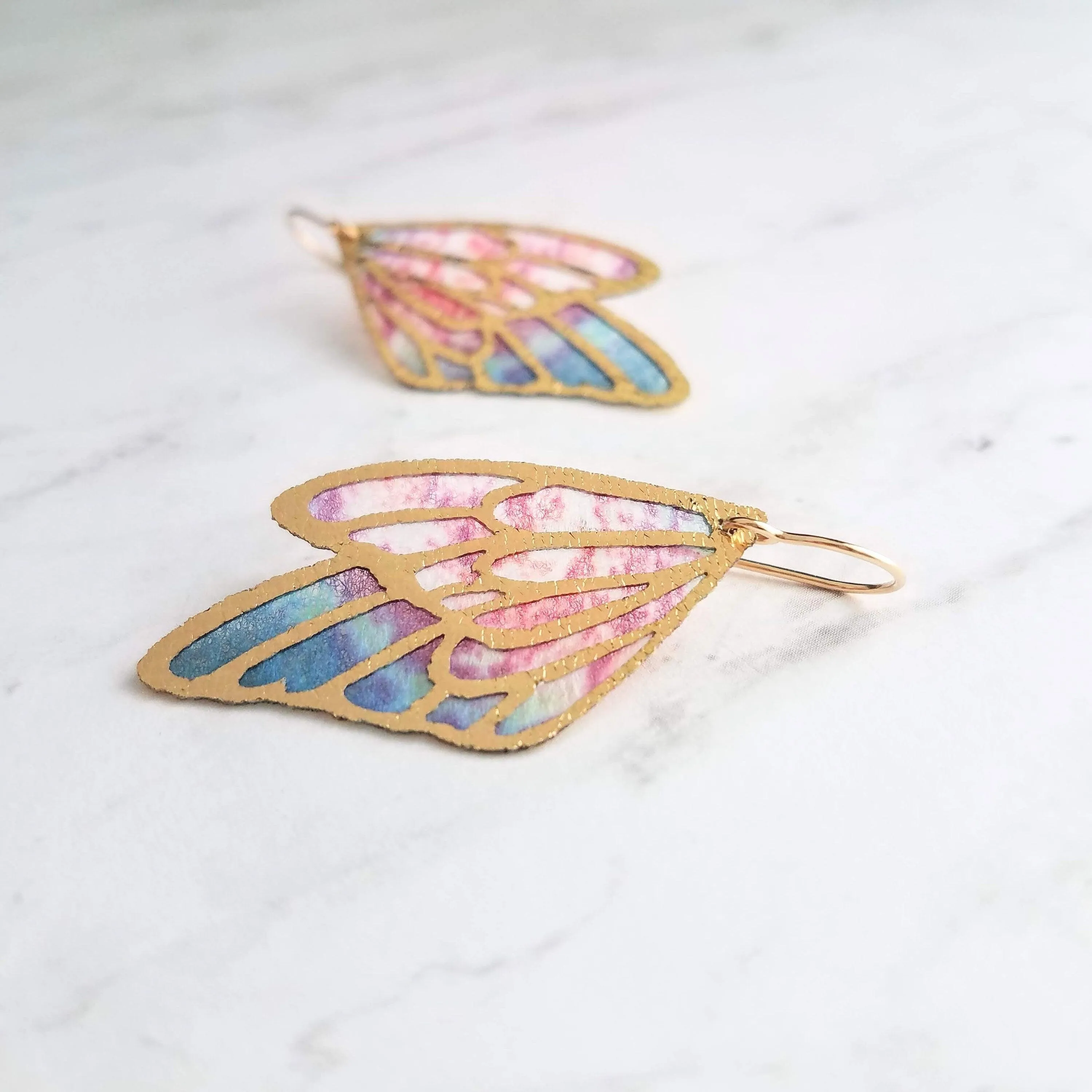 Large Wing Earrings, solid gold hooks, 14K gold fill hooks, sheer fabric earring, rainbow butterfly earring, angel wing, colorful wings