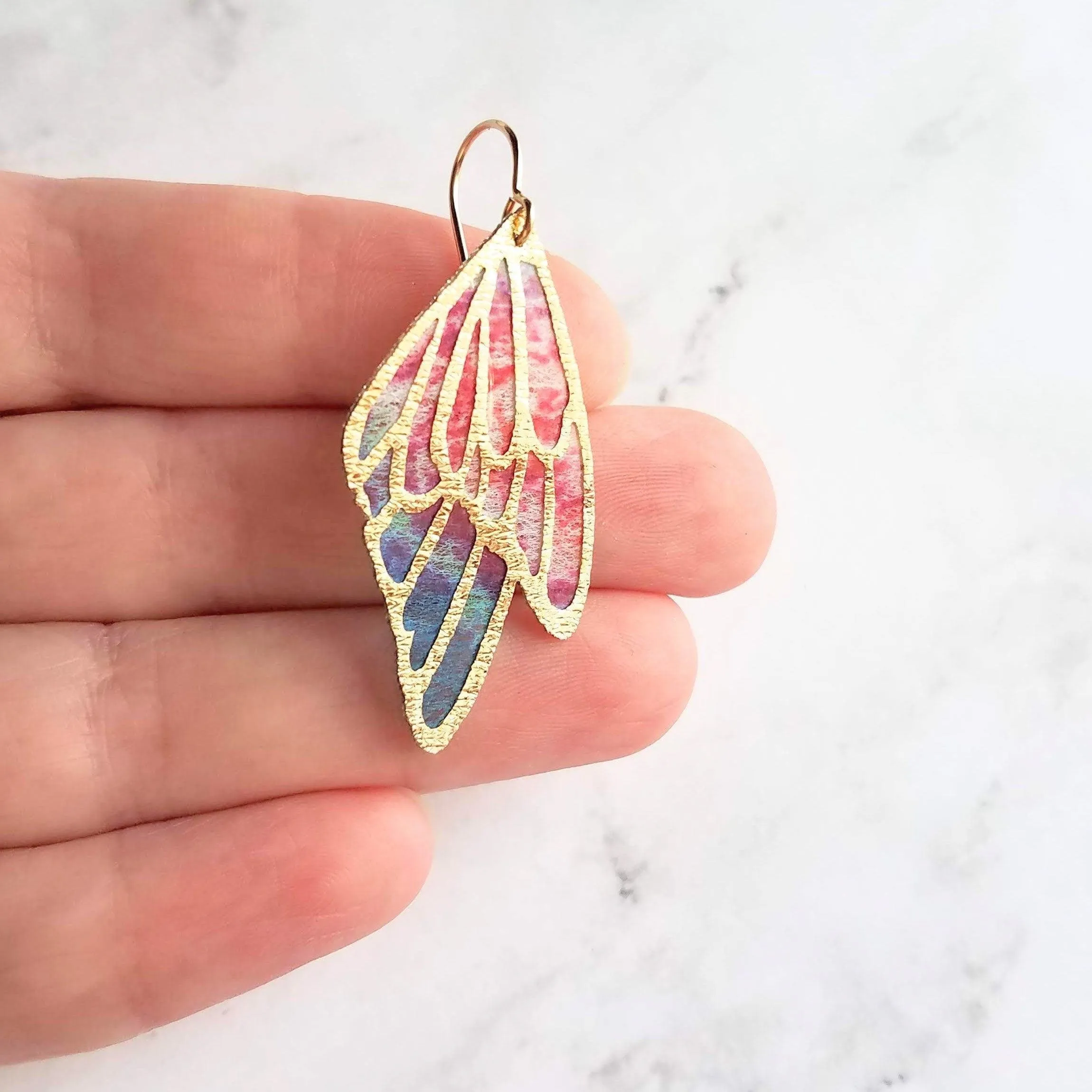 Large Wing Earrings, solid gold hooks, 14K gold fill hooks, sheer fabric earring, rainbow butterfly earring, angel wing, colorful wings