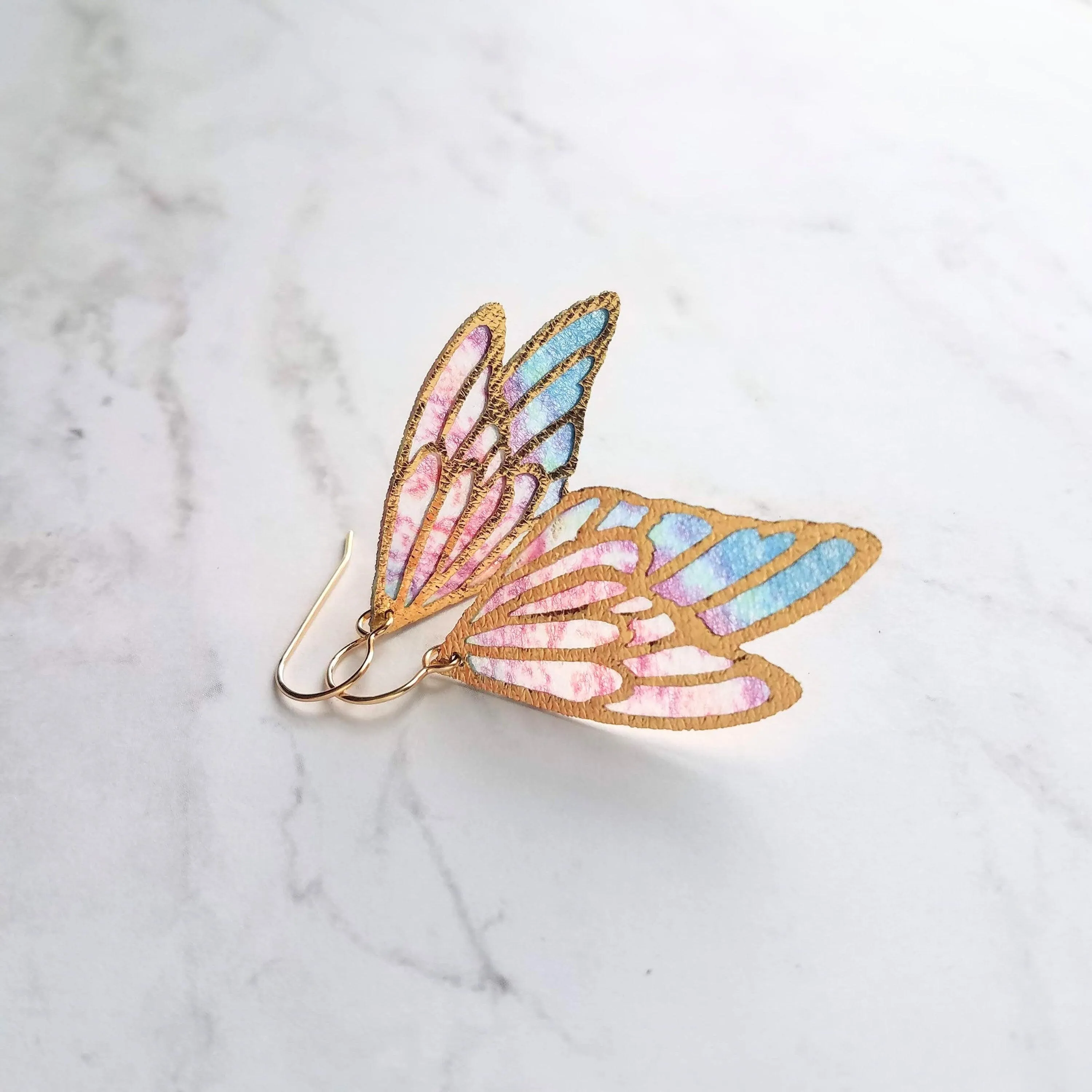 Large Wing Earrings, solid gold hooks, 14K gold fill hooks, sheer fabric earring, rainbow butterfly earring, angel wing, colorful wings