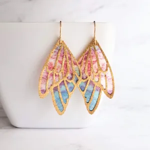 Large Wing Earrings, solid gold hooks, 14K gold fill hooks, sheer fabric earring, rainbow butterfly earring, angel wing, colorful wings