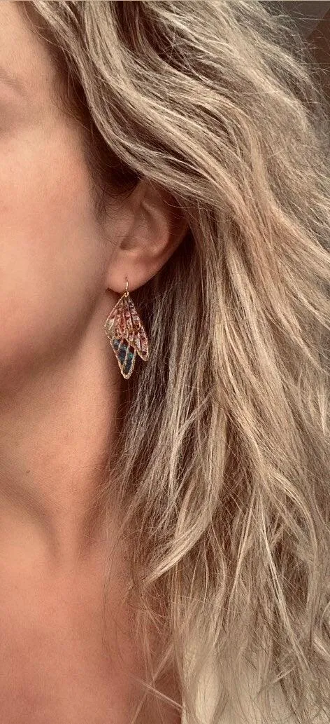 Large Wing Earrings, solid gold hooks, 14K gold fill hooks, sheer fabric earring, rainbow butterfly earring, angel wing, colorful wings