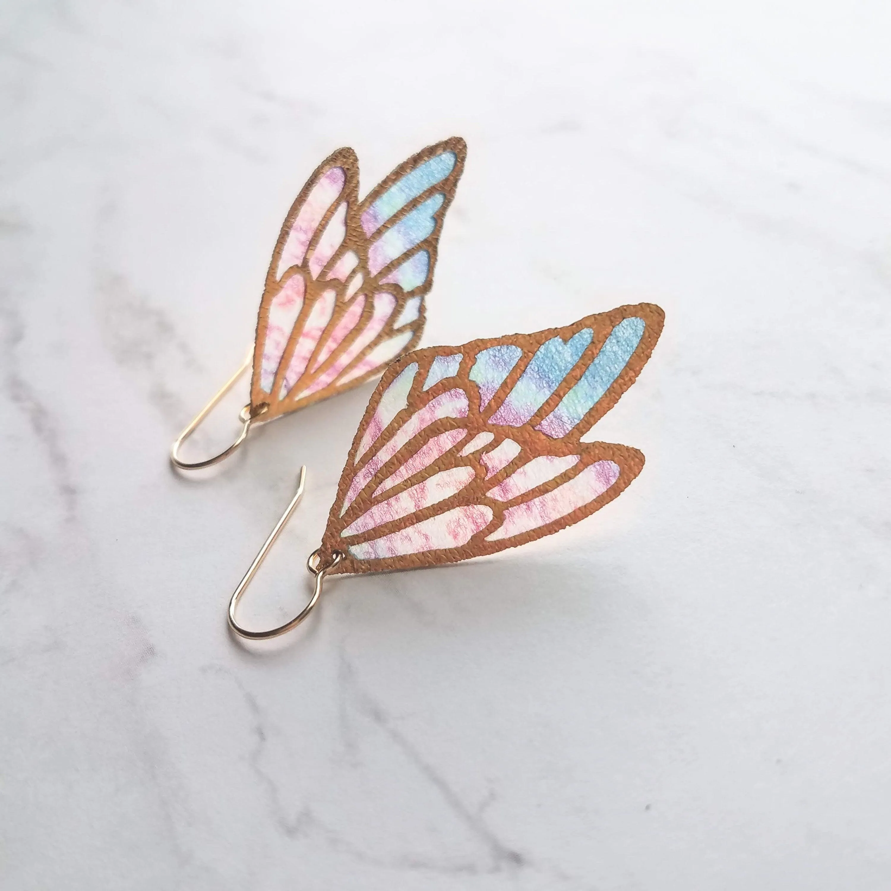 Large Wing Earrings, solid gold hooks, 14K gold fill hooks, sheer fabric earring, rainbow butterfly earring, angel wing, colorful wings