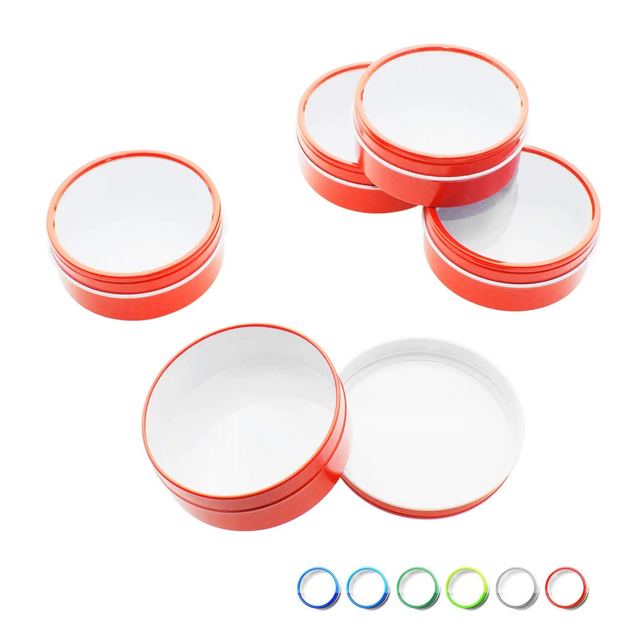 Mimi Pack 3 oz Shallow Round Metal Tin Can Clear Window Top Lid Steel Containers For Favors, Spices, Balms, Gels, Candles, Gifts, Storage 24 Pack (Red)