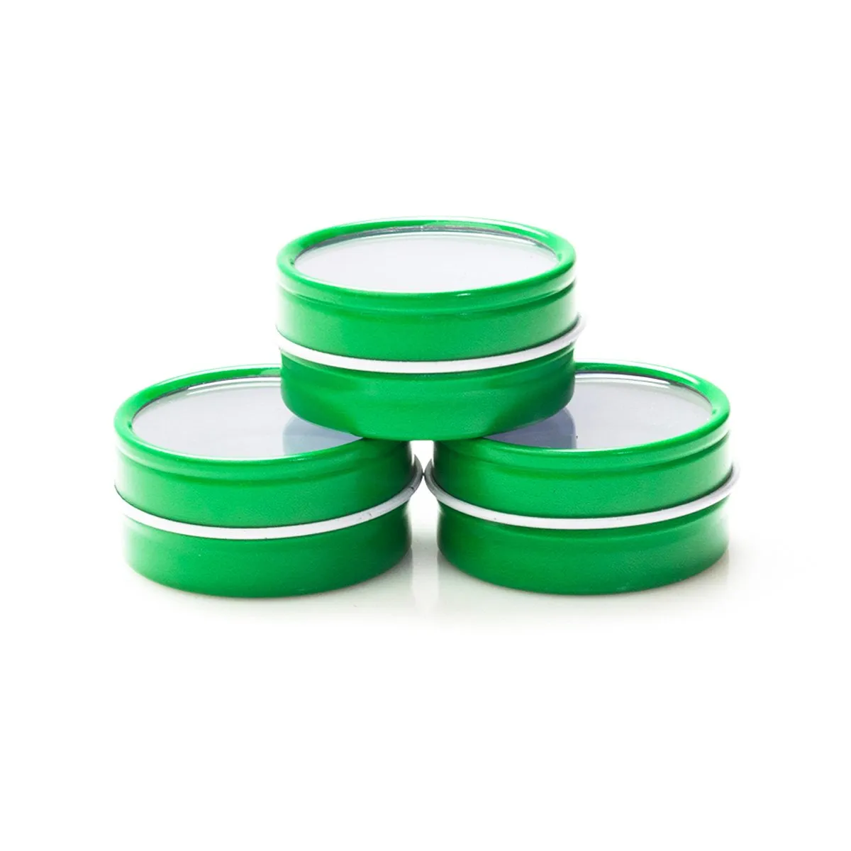 Mimi Pack 6 oz Shallow Round Metal Tin Can Clear Window Top Lid Steel Containers For Favors, Spices, Balms, Gels, Candles, Gifts, Storage 24 Pack (Green)