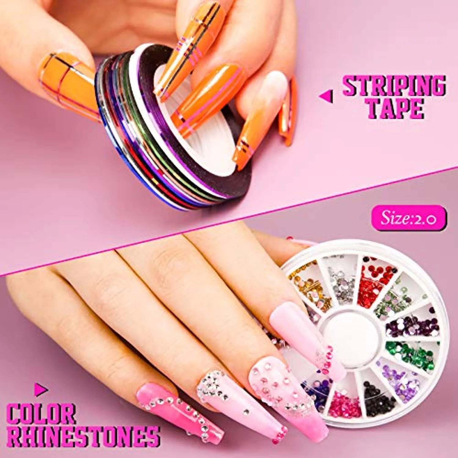 Nail Art Brush Kit, Teenitor Nail Art Kit with 15pcs Nail Brushes, 5pcs Nail Dotting Tools, 5 Sheets Butterfly Nail Art Stickers, 10 Rolls Nail Striping Tape and Color Rhinestones for Nails