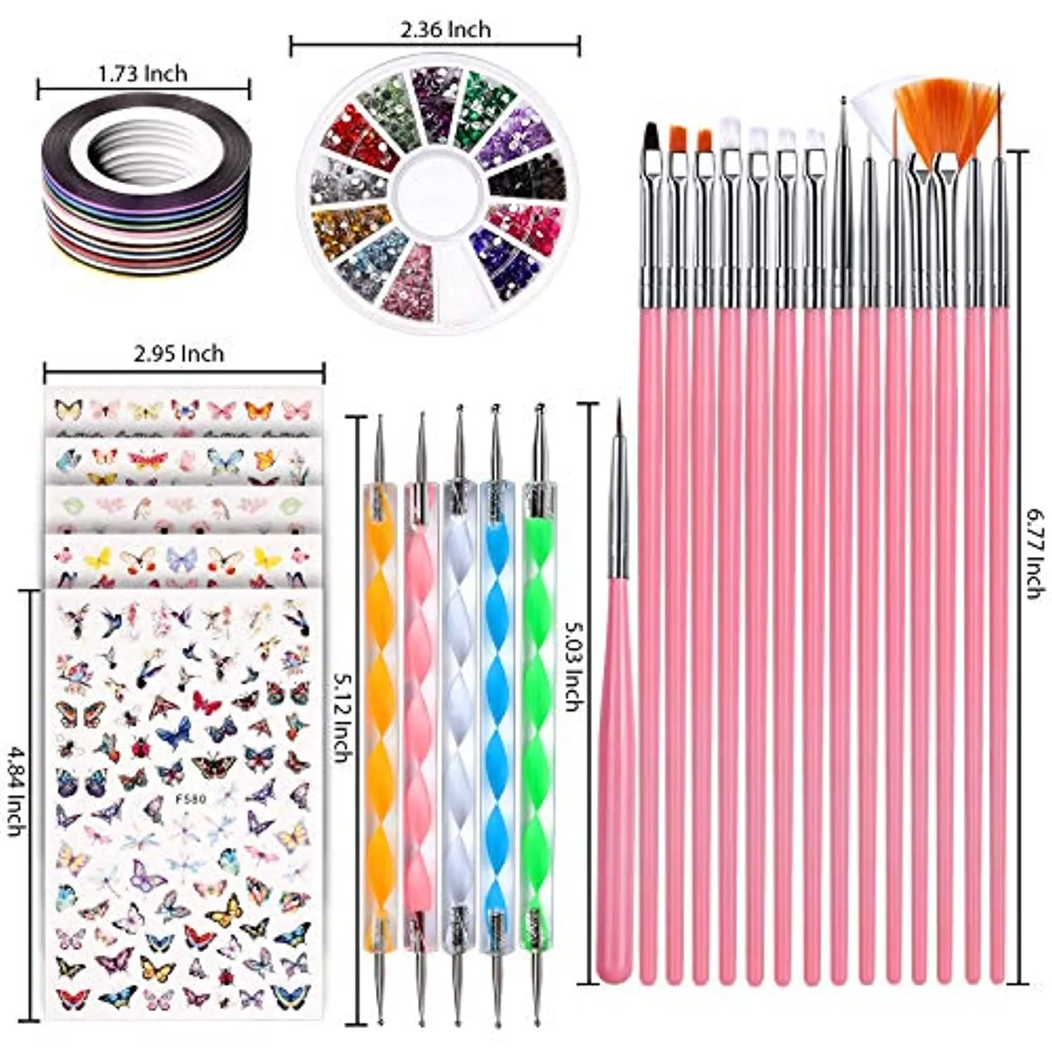 Nail Art Brush Kit, Teenitor Nail Art Kit with 15pcs Nail Brushes, 5pcs Nail Dotting Tools, 5 Sheets Butterfly Nail Art Stickers, 10 Rolls Nail Striping Tape and Color Rhinestones for Nails