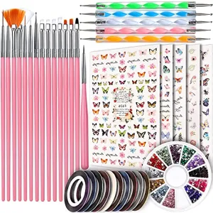Nail Art Brush Kit, Teenitor Nail Art Kit with 15pcs Nail Brushes, 5pcs Nail Dotting Tools, 5 Sheets Butterfly Nail Art Stickers, 10 Rolls Nail Striping Tape and Color Rhinestones for Nails