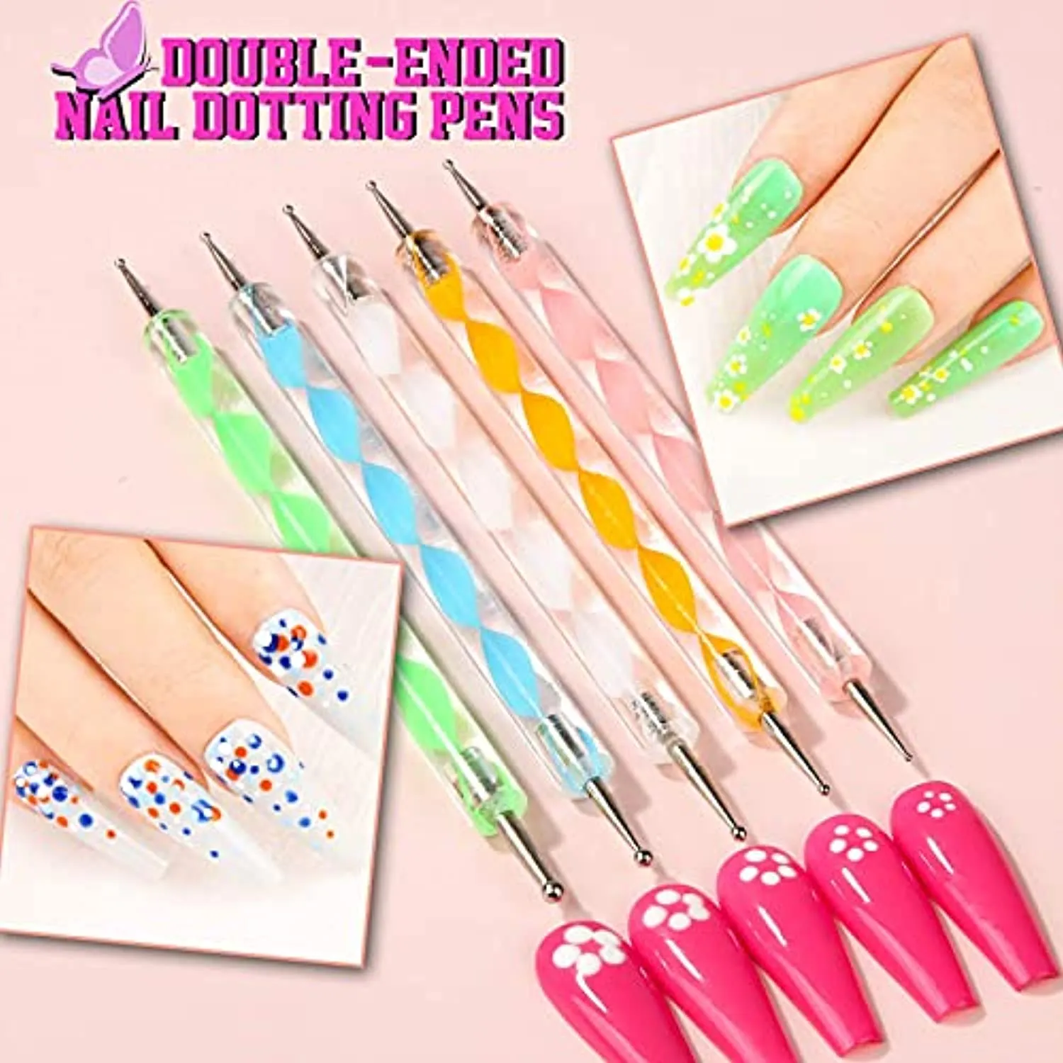 Nail Art Brush Kit, Teenitor Nail Art Kit with 15pcs Nail Brushes, 5pcs Nail Dotting Tools, 5 Sheets Butterfly Nail Art Stickers, 10 Rolls Nail Striping Tape and Color Rhinestones for Nails