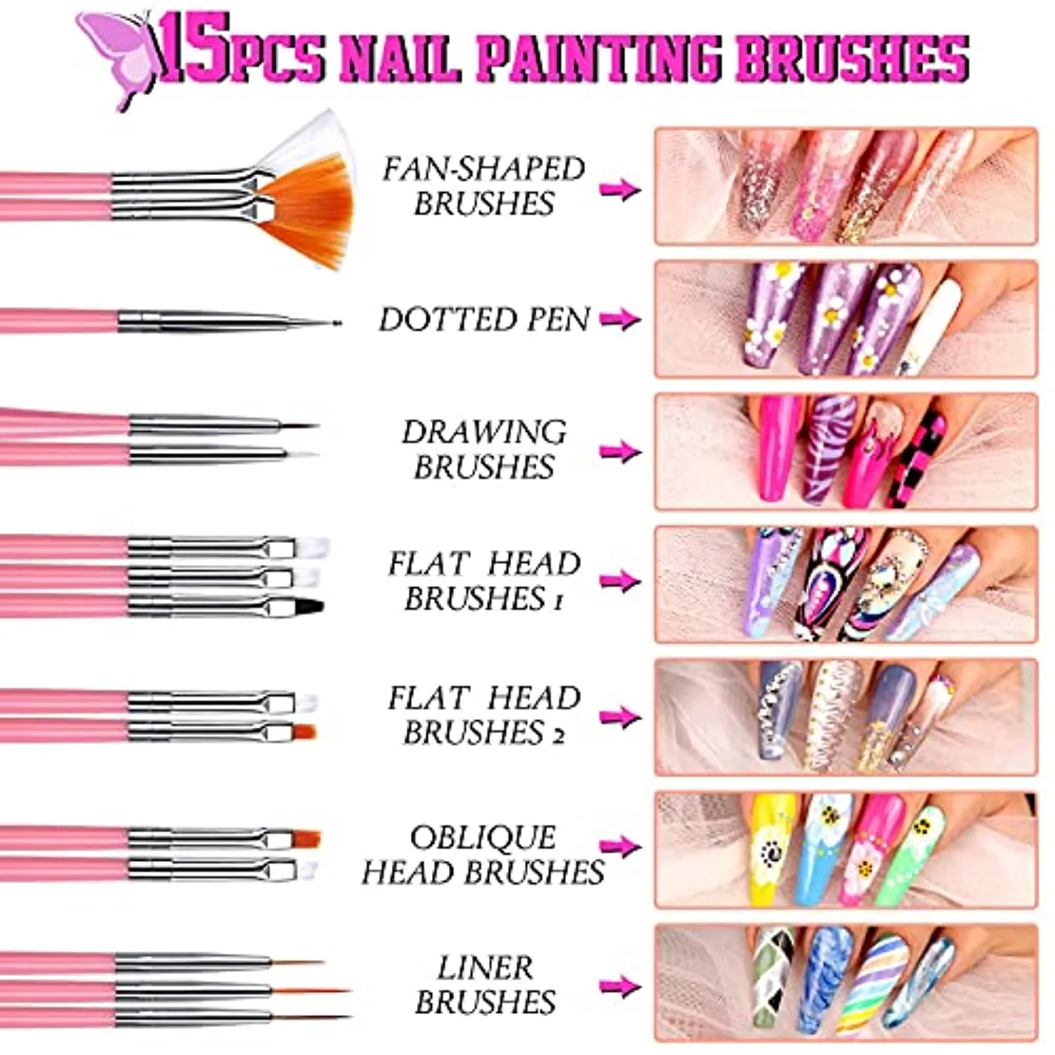Nail Art Brush Kit, Teenitor Nail Art Kit with 15pcs Nail Brushes, 5pcs Nail Dotting Tools, 5 Sheets Butterfly Nail Art Stickers, 10 Rolls Nail Striping Tape and Color Rhinestones for Nails