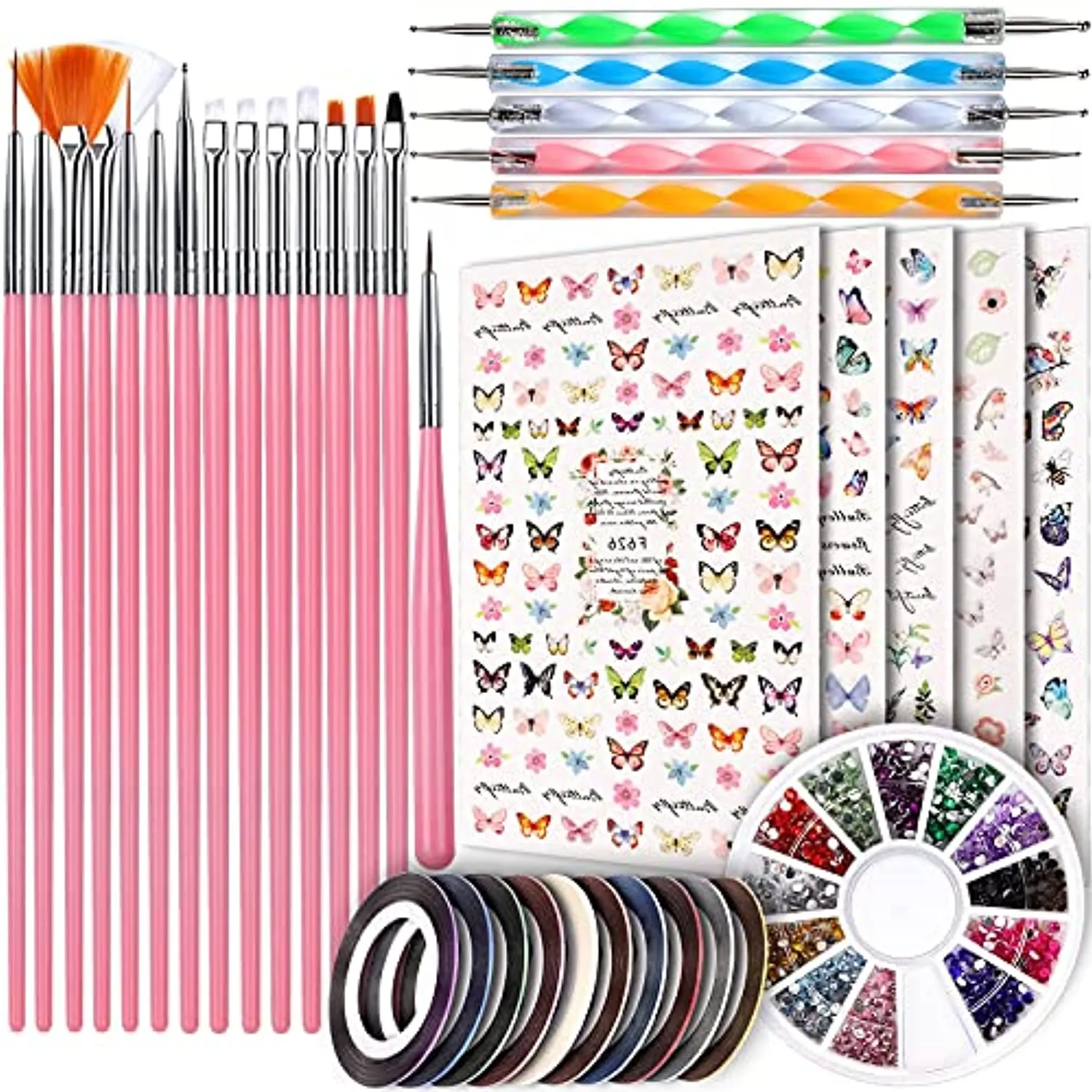 Nail Art Brush Kit, Teenitor Nail Art Kit with 15pcs Nail Brushes, 5pcs Nail Dotting Tools, 5 Sheets Butterfly Nail Art Stickers, 10 Rolls Nail Striping Tape and Color Rhinestones for Nails