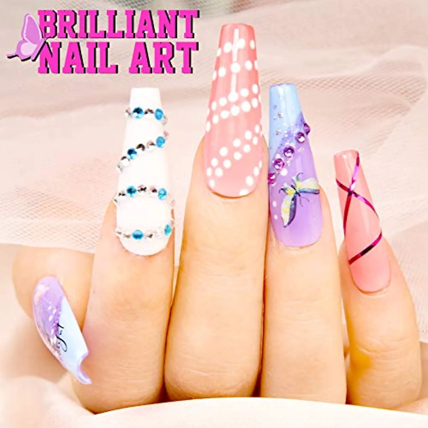 Nail Art Brush Kit, Teenitor Nail Art Kit with 15pcs Nail Brushes, 5pcs Nail Dotting Tools, 5 Sheets Butterfly Nail Art Stickers, 10 Rolls Nail Striping Tape and Color Rhinestones for Nails