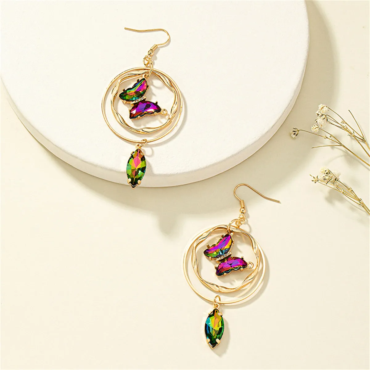 Pink Crystal & Cubic Zirconia Butterfly Drop Earrings