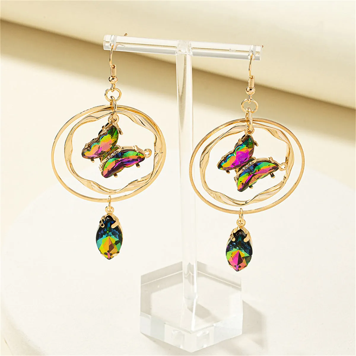 Pink Crystal & Cubic Zirconia Butterfly Drop Earrings