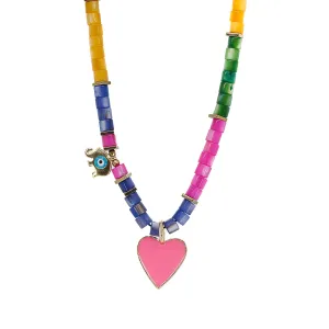 Pink Heart & Elephant Colorful Beaded Necklace